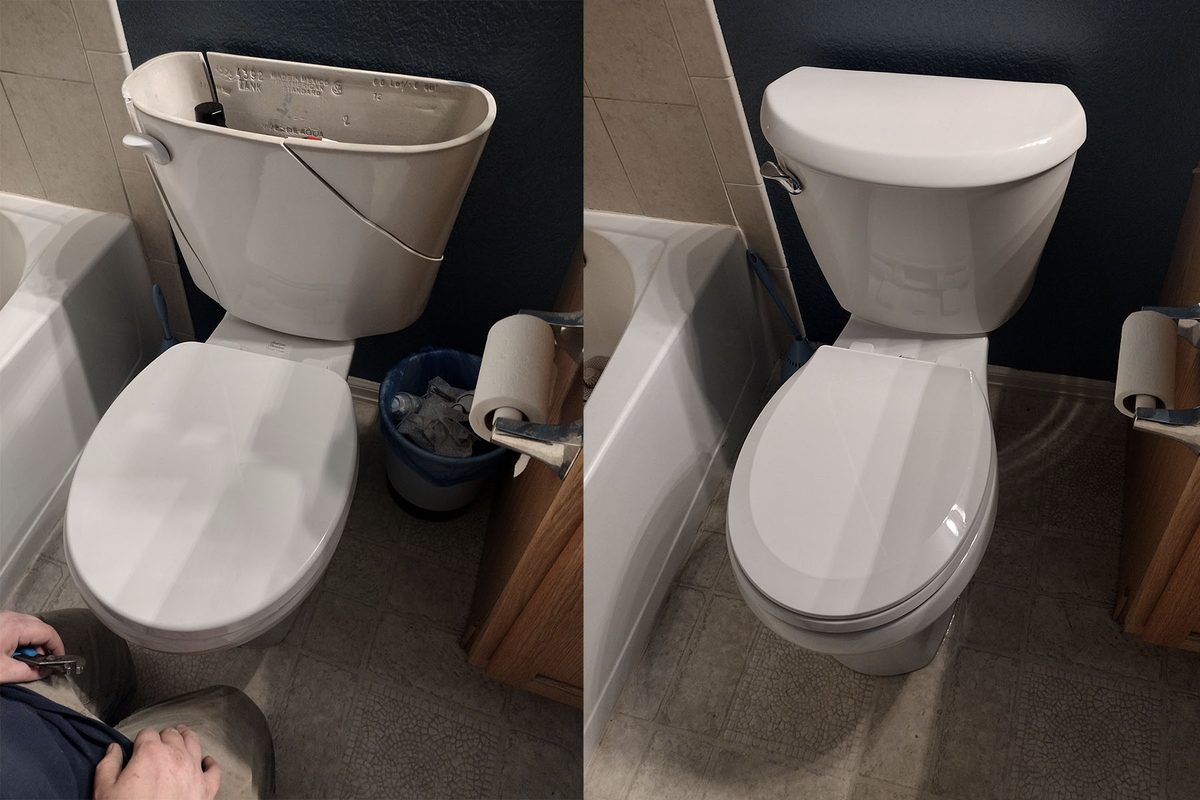 Before and after: a cracked toilet tank replaced with a new toilet by Affordable Rooter