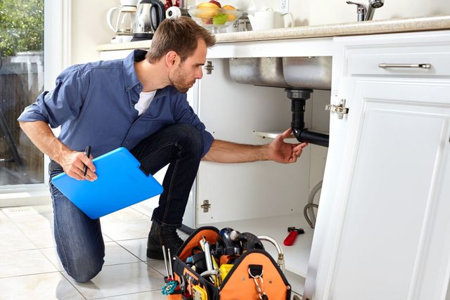 Plumber with a clipboard inspecting the pipes under a kitchen sink